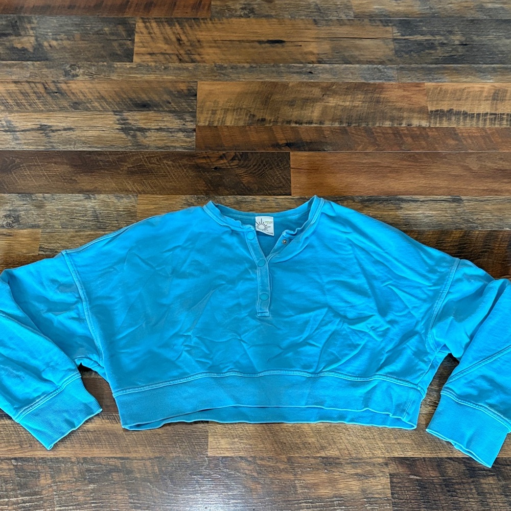 Offline by Aerie Cropped Henley Sweatshirt in Bright Teal